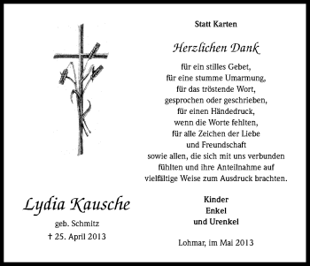Anzeige von Lydia Kausche von Kölner Stadt-Anzeiger / Kölnische Rundschau / Express