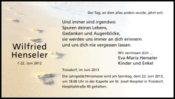 Anzeige von Wilfried Henseler von Kölner Stadt-Anzeiger / Kölnische Rundschau / Express
