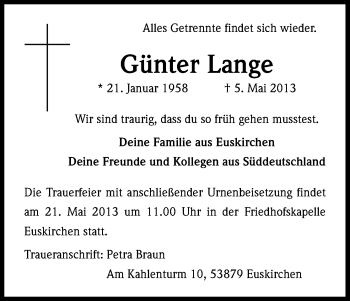 Anzeige von Günter Lange von Kölner Stadt-Anzeiger / Kölnische Rundschau / Express