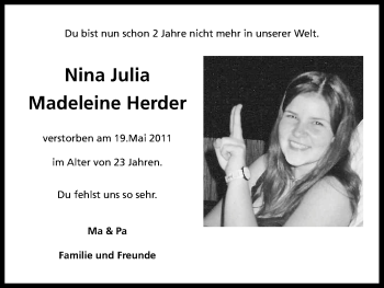 Anzeige von Nina Julia Madeleine Herder von Kölner Stadt-Anzeiger / Kölnische Rundschau / Express