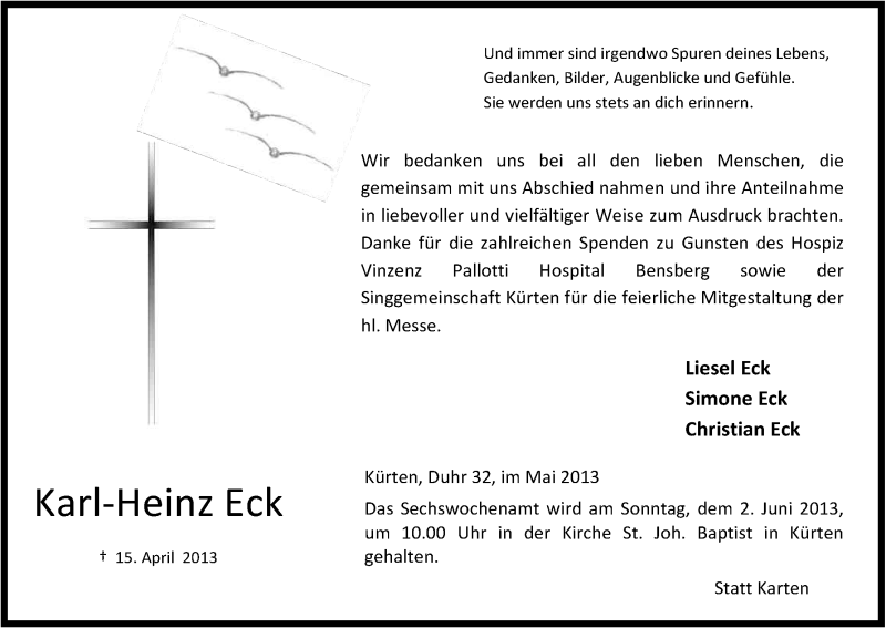  Traueranzeige für Karl-Heinz Eck vom 25.05.2013 aus Kölner Stadt-Anzeiger / Kölnische Rundschau / Express