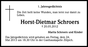 Anzeige von Horst-Dietmar Schroers von Kölner Stadt-Anzeiger / Kölnische Rundschau / Express