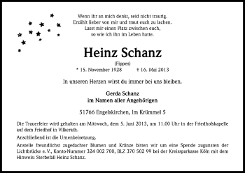 Anzeige von Heinz Schanz von Kölner Stadt-Anzeiger / Kölnische Rundschau / Express