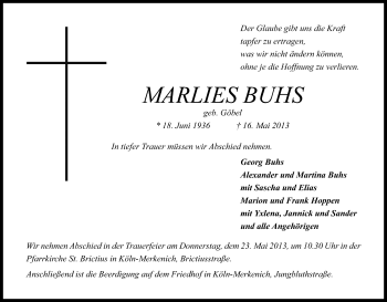 Anzeige von Marlies Buhs von Kölner Stadt-Anzeiger / Kölnische Rundschau / Express