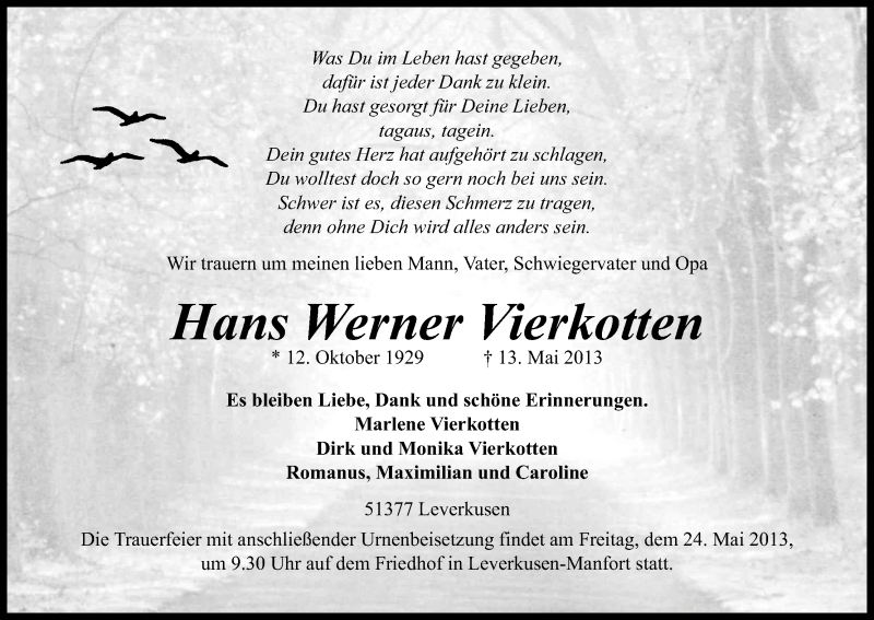  Traueranzeige für Werner Vierkotten vom 18.05.2013 aus Kölner Stadt-Anzeiger / Kölnische Rundschau / Express