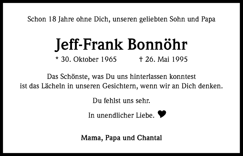  Traueranzeige für Jeff-Frank Bonnöhr vom 25.05.2013 aus Kölner Stadt-Anzeiger / Kölnische Rundschau / Express