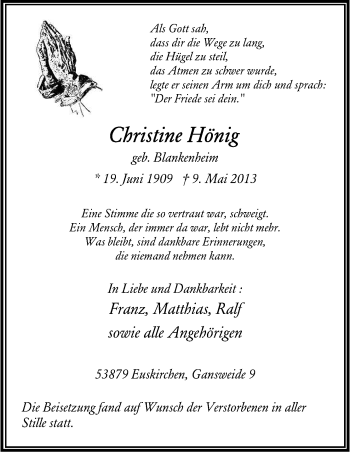 Anzeige von Christine Hönig von Kölner Stadt-Anzeiger / Kölnische Rundschau / Express