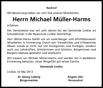 Anzeige von Michael Müller-Harms von Kölner Stadt-Anzeiger / Kölnische Rundschau / Express