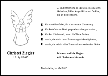 Anzeige von Christel Ziegler von Kölner Stadt-Anzeiger / Kölnische Rundschau / Express