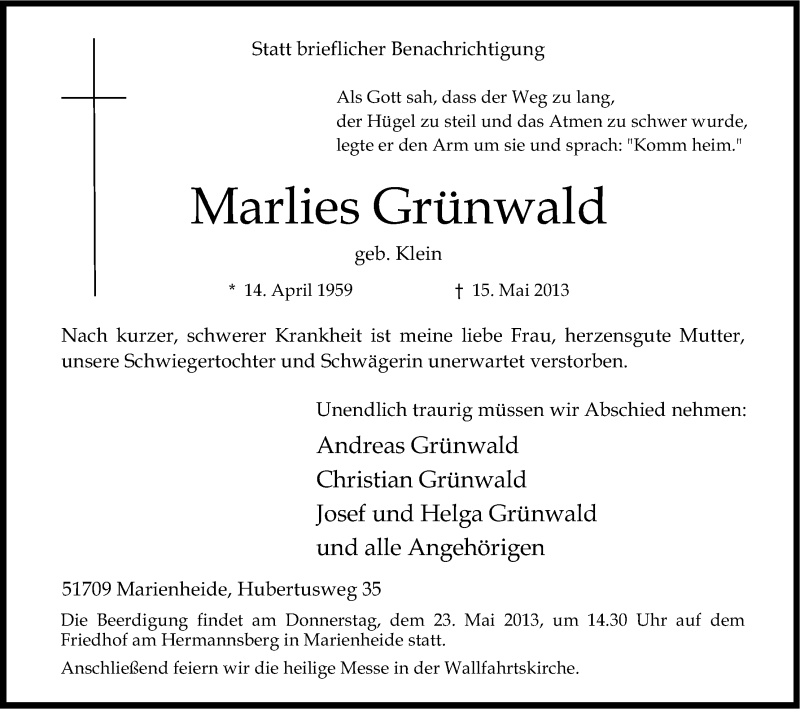 Traueranzeige für Marlies Grünwald vom 18.05.2013 aus Kölner Stadt-Anzeiger / Kölnische Rundschau / Express