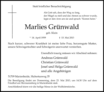 Anzeige von Marlies Grünwald von Kölner Stadt-Anzeiger / Kölnische Rundschau / Express