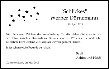 Anzeige von Werner Dörnemann von Kölner Stadt-Anzeiger / Kölnische Rundschau / Express