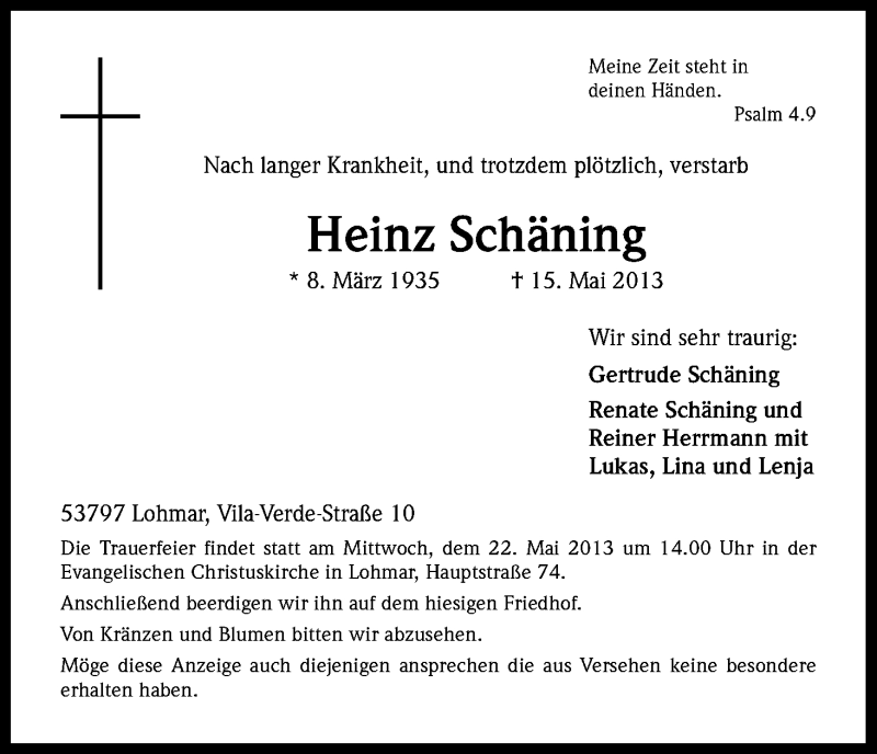  Traueranzeige für Heinz Schäning vom 18.05.2013 aus Kölner Stadt-Anzeiger / Kölnische Rundschau / Express