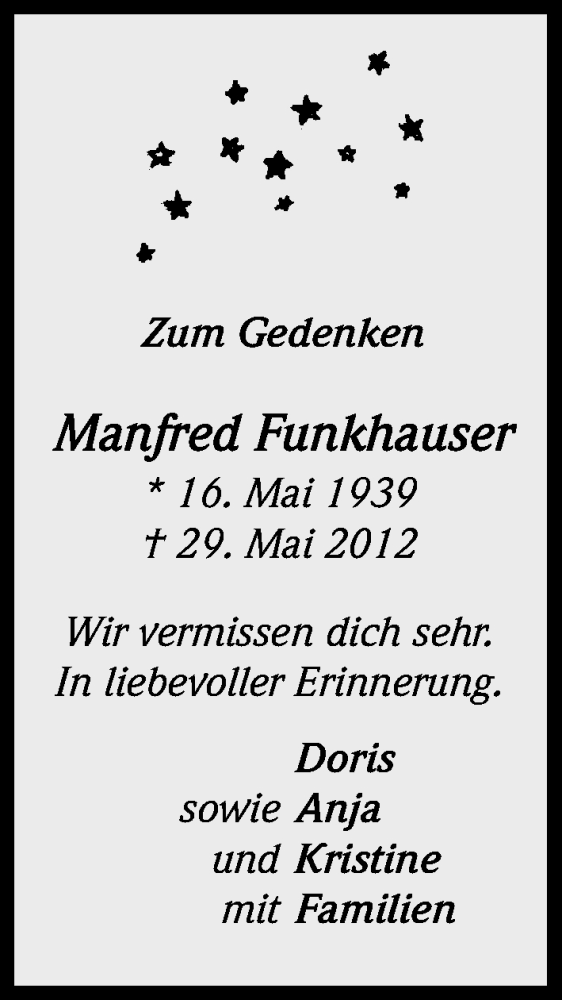  Traueranzeige für Manfred Funkhauser vom 29.05.2013 aus Kölner Stadt-Anzeiger / Kölnische Rundschau / Express