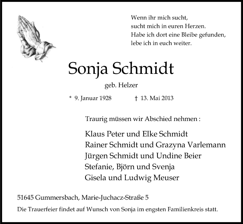  Traueranzeige für Sonja Schmidt vom 18.05.2013 aus Kölner Stadt-Anzeiger / Kölnische Rundschau / Express