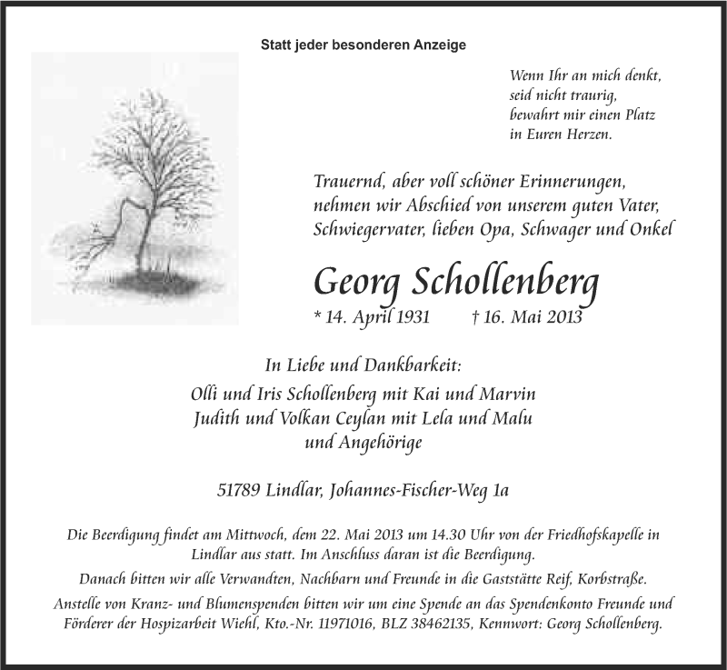  Traueranzeige für Georg Schollenberg vom 18.05.2013 aus Kölner Stadt-Anzeiger / Kölnische Rundschau / Express