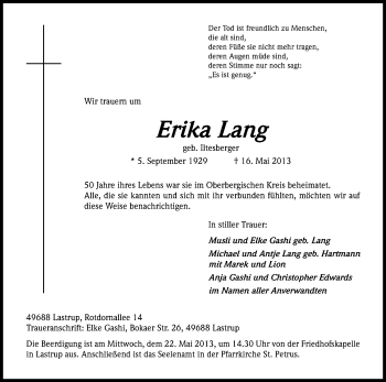 Anzeige von Erika Lang von Kölner Stadt-Anzeiger / Kölnische Rundschau / Express