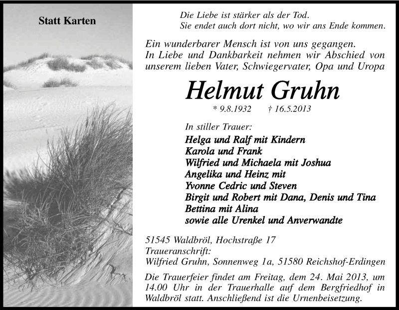  Traueranzeige für Helmut Gruhn vom 18.05.2013 aus Kölner Stadt-Anzeiger / Kölnische Rundschau / Express