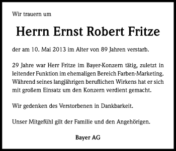 Anzeige von Robert Fritze von Kölner Stadt-Anzeiger / Kölnische Rundschau / Express
