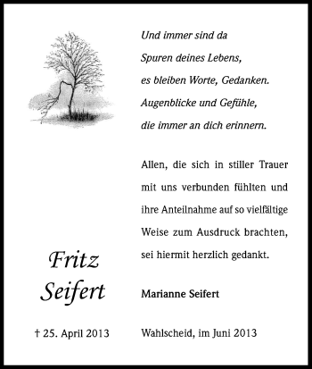 Anzeige von Fritz Seifert von Kölner Stadt-Anzeiger / Kölnische Rundschau / Express