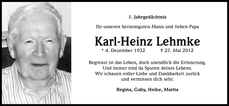  Traueranzeige für Karl-Heinz Lehmke vom 27.05.2013 aus Kölner Stadt-Anzeiger / Kölnische Rundschau / Express
