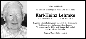 Anzeige von Karl-Heinz Lehmke von Kölner Stadt-Anzeiger / Kölnische Rundschau / Express