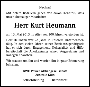 Anzeige von Kurt Heumann von Kölner Stadt-Anzeiger / Kölnische Rundschau / Express