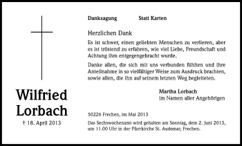 Anzeige von Wilfried Lorbach von Kölner Stadt-Anzeiger / Kölnische Rundschau / Express