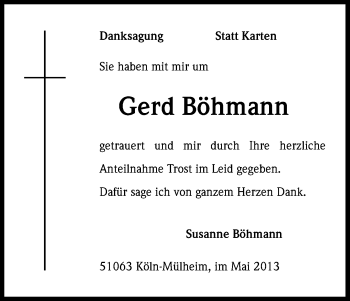 Anzeige von Gerd Böhmann von Kölner Stadt-Anzeiger / Kölnische Rundschau / Express