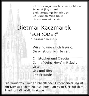 Anzeige von Dietmar Kaczmarek von Kölner Stadt-Anzeiger / Kölnische Rundschau / Express