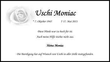 Anzeige von Uschi Moniac von Kölner Stadt-Anzeiger / Kölnische Rundschau / Express