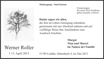 Anzeige von Werner Roller von Kölner Stadt-Anzeiger / Kölnische Rundschau / Express