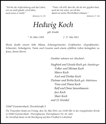 Anzeige von Hedwig Koch von Kölner Stadt-Anzeiger / Kölnische Rundschau / Express