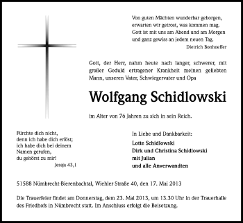 Anzeige von Wolfgang Schidlowski von Kölner Stadt-Anzeiger / Kölnische Rundschau / Express
