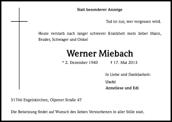 Anzeige von Werner Miebach von Kölner Stadt-Anzeiger / Kölnische Rundschau / Express
