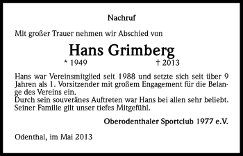 Anzeige von Hans Grimberg von Kölner Stadt-Anzeiger / Kölnische Rundschau / Express