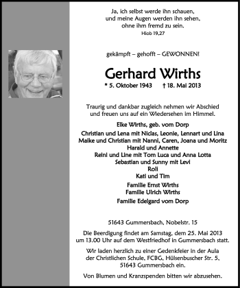 Anzeige von Gerhard Wirths von Kölner Stadt-Anzeiger / Kölnische Rundschau / Express