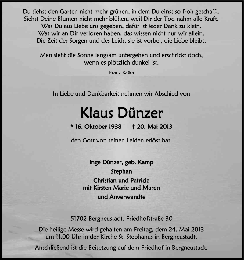  Traueranzeige für Klaus Dünzer vom 22.05.2013 aus Kölner Stadt-Anzeiger / Kölnische Rundschau / Express
