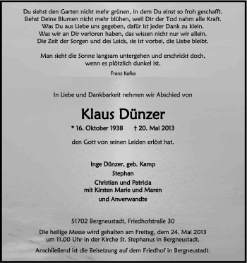 Anzeige von Klaus Dünzer von Kölner Stadt-Anzeiger / Kölnische Rundschau / Express