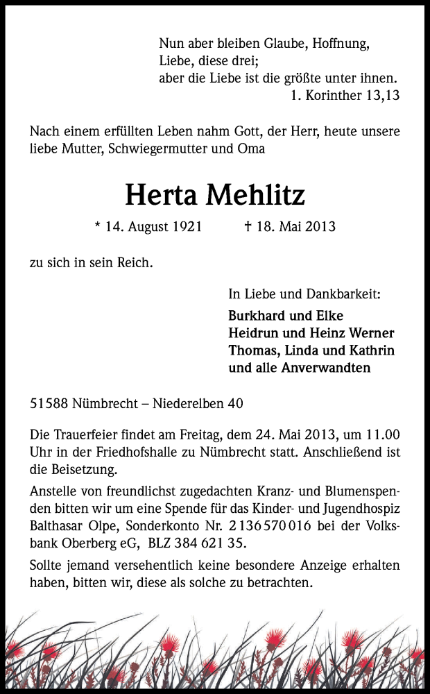  Traueranzeige für Herta Mehlitz vom 22.05.2013 aus Kölner Stadt-Anzeiger / Kölnische Rundschau / Express