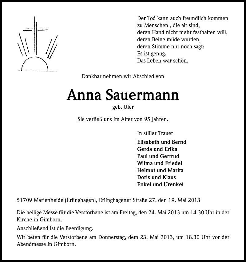  Traueranzeige für Anna Sauermann vom 22.05.2013 aus Kölner Stadt-Anzeiger / Kölnische Rundschau / Express