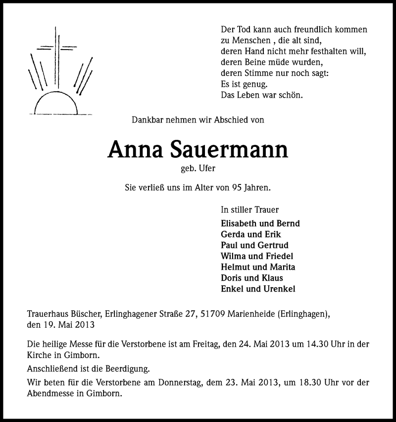  Traueranzeige für Anna Sauermann vom 23.05.2013 aus Kölner Stadt-Anzeiger / Kölnische Rundschau / Express