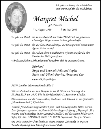Anzeige von Margret Michel von Kölner Stadt-Anzeiger / Kölnische Rundschau / Express