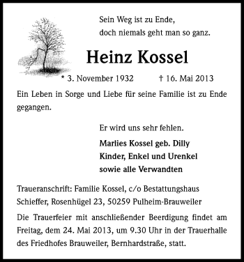 Anzeige von Heinz Kossel von Kölner Stadt-Anzeiger / Kölnische Rundschau / Express