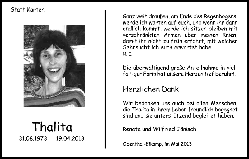  Traueranzeige für Thalita  vom 22.05.2013 aus Kölner Stadt-Anzeiger / Kölnische Rundschau / Express