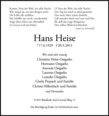 Anzeige von Hans Heise von Kölner Stadt-Anzeiger / Kölnische Rundschau / Express