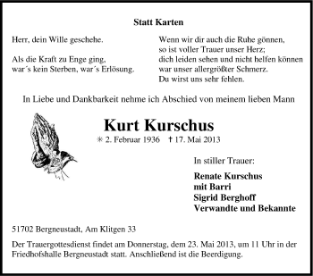 Anzeige von Kurt Kurschus von Kölner Stadt-Anzeiger / Kölnische Rundschau / Express