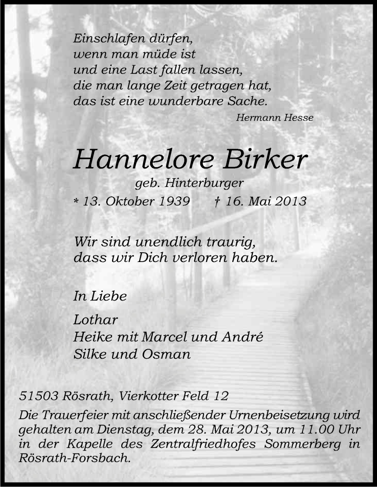  Traueranzeige für Hannelore Birker vom 22.05.2013 aus Kölner Stadt-Anzeiger / Kölnische Rundschau / Express