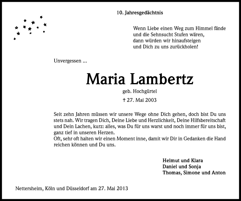  Traueranzeige für Maria Lambertz vom 27.05.2013 aus Kölner Stadt-Anzeiger / Kölnische Rundschau / Express