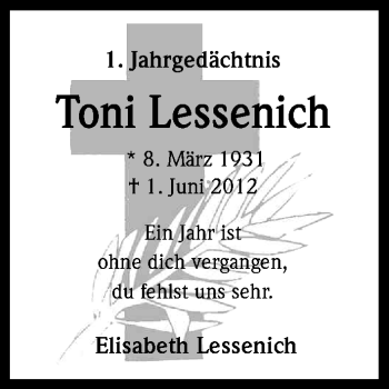 Anzeige von Toni Lessenich von Kölner Stadt-Anzeiger / Kölnische Rundschau / Express